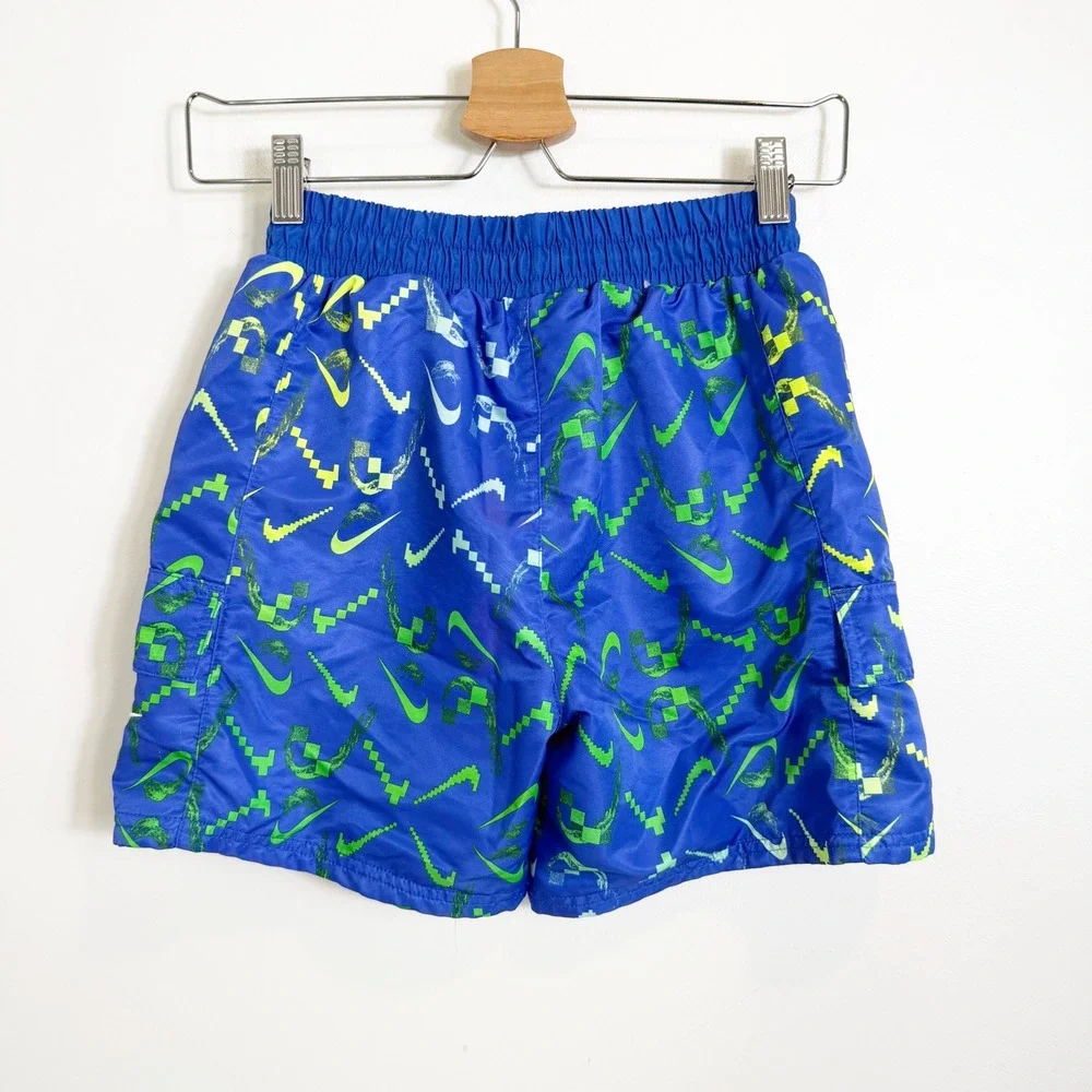 Nike Swim Trunks Boys Large Blue Pixel Swoosh Graphic Cargo Pocket Board Shorts